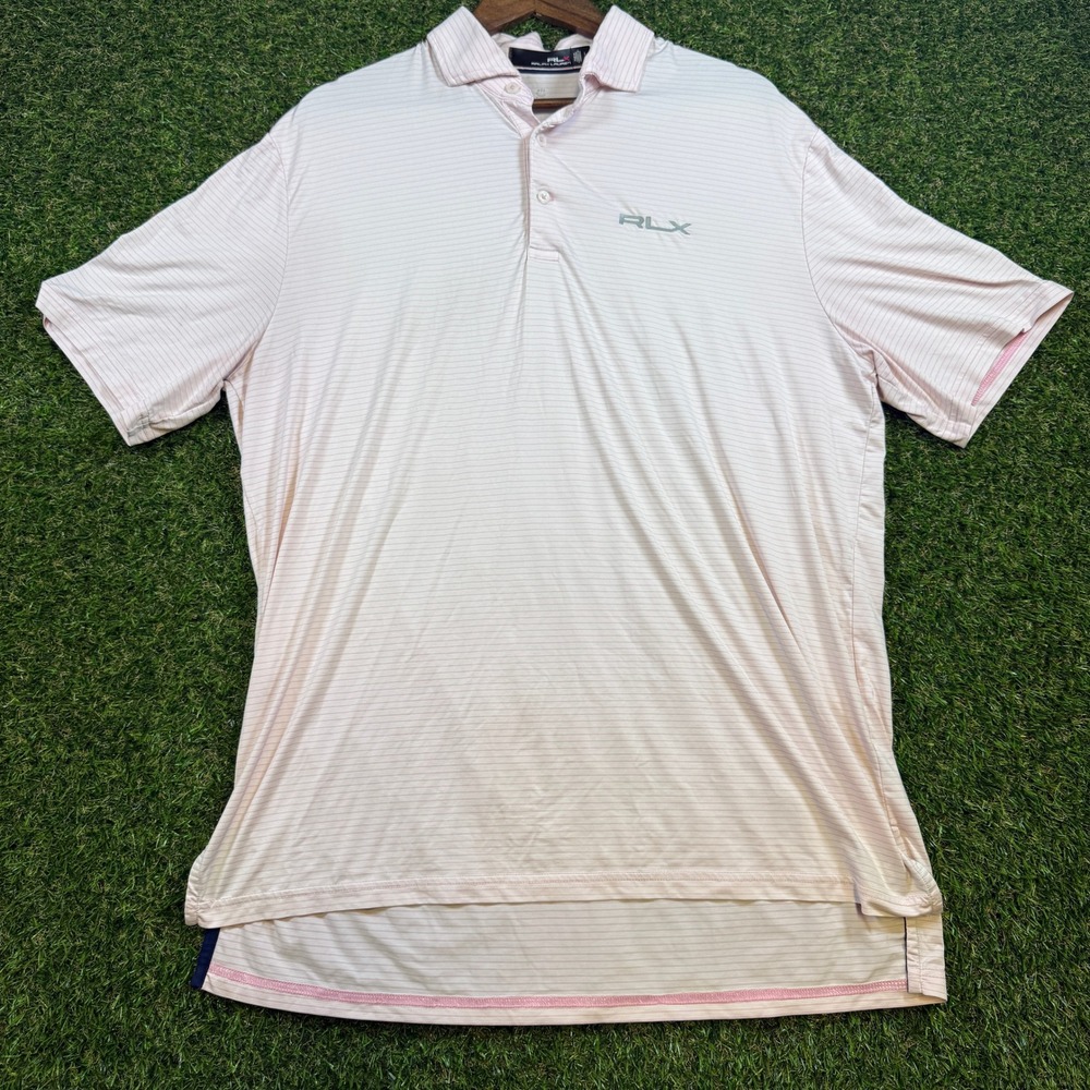 RLX Ralph Lauren Mens Pink White Striped Golf Polo Shirt Large Short Sleeve